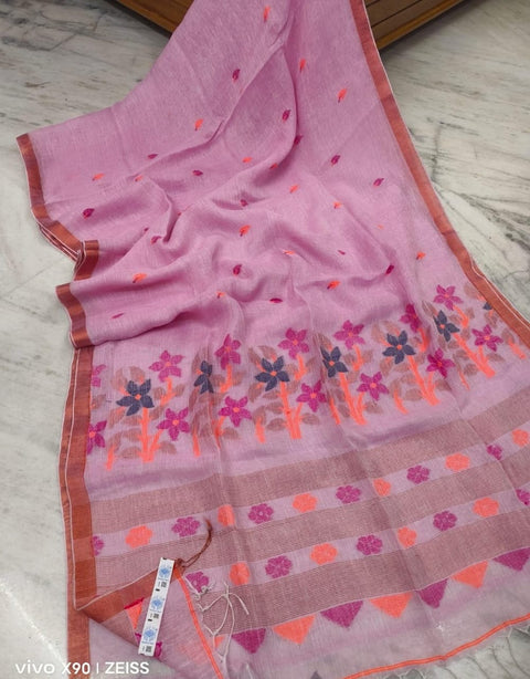 Linen Weave Saree with Matching Unstitched Blouse Piece - Pink Color