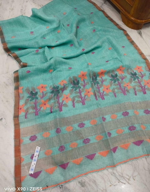 Linen Weave Saree with Matching Unstitched Blouse Piece - Sky Blue Color