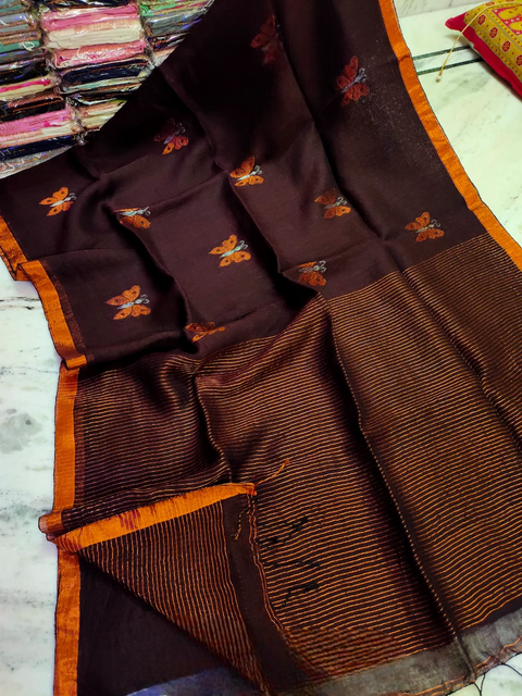 Linen Weaving Saree with Matching Running Blouse - Brown Color