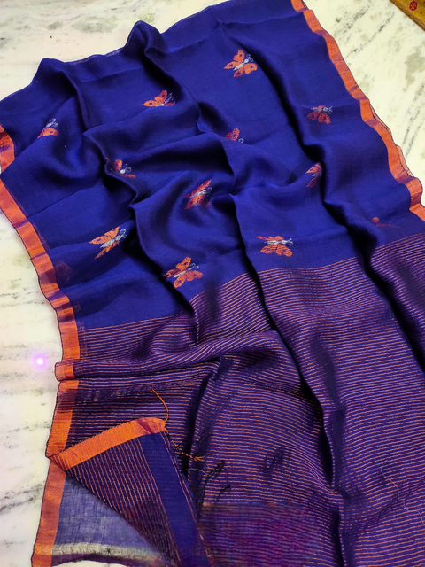 Linen Weaving Saree with Matching Running Blouse - Royal Blue Color