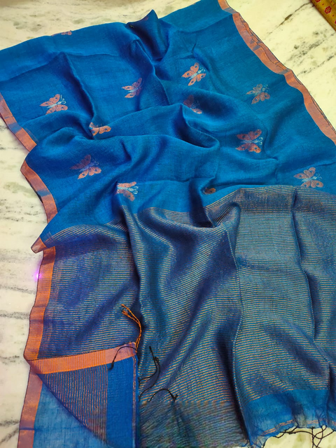 Linen Weaving Saree with Matching Running Blouse - Blue Color