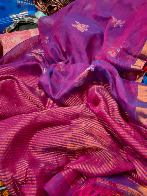 Linen Weaving Saree with Matching Running Blouse - Magenta Color