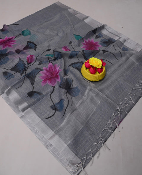 Hand Painted Kota Linen Saree - Grey Color