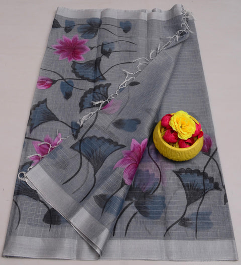 Hand Painted Kota Linen Saree - Grey Color