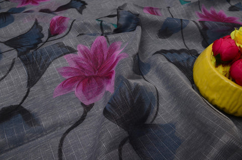 Hand Painted Kota Linen Saree - Grey Color