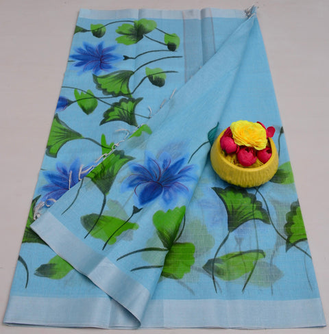 Hand Painted Kota Linen Saree - Blue Color