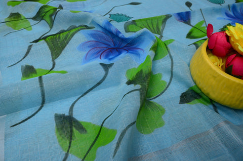 Hand Painted Kota Linen Saree - Blue Color