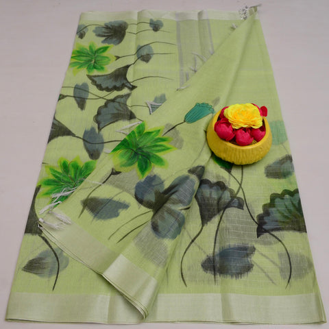 Hand Painted Kota Linen Saree - Pista Green Color