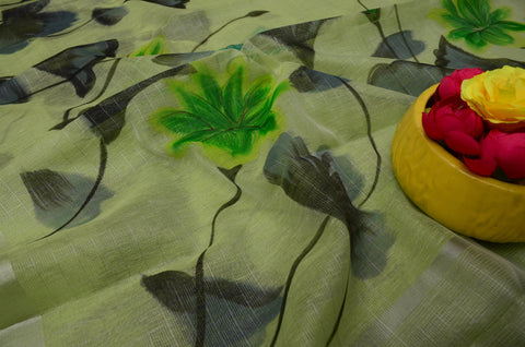 Hand Painted Kota Linen Saree - Pista Green Color