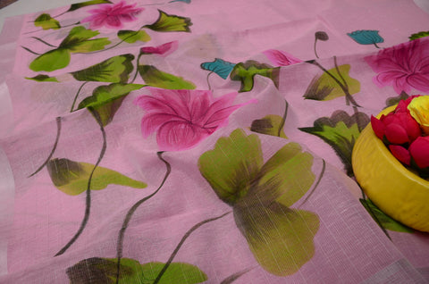 Hand Painted Kota Linen Saree - Pink Color