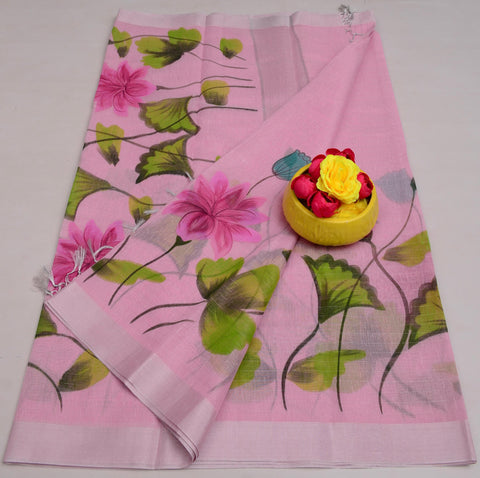 Hand Painted Kota Linen Saree - Pink Color