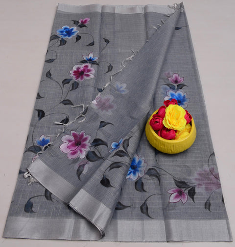 Kota Linen Hand Painted Saree - Grey Color