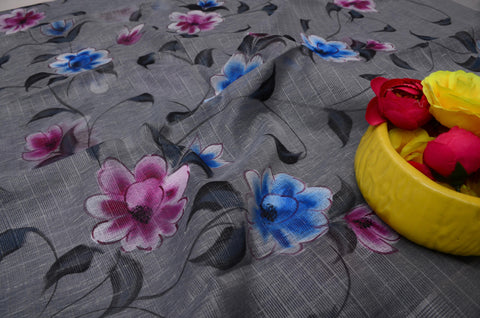 Kota Linen Hand Painted Saree - Grey Color