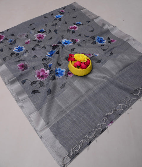 Kota Linen Hand Painted Saree - Grey Color