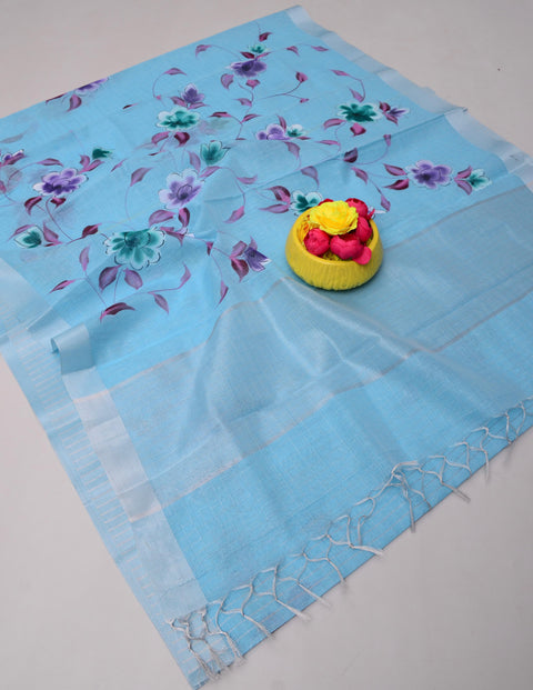 Kota Linen Hand Painted Saree - Blue Color