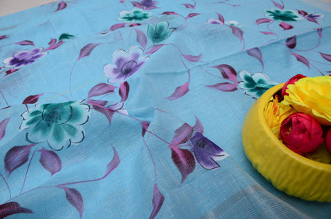 Kota Linen Hand Painted Saree - Blue Color