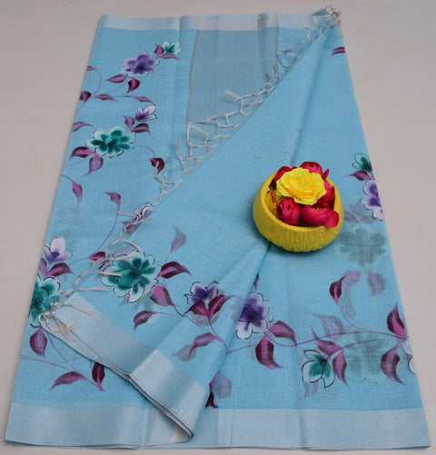 Kota Linen Hand Painted Saree - Blue Color