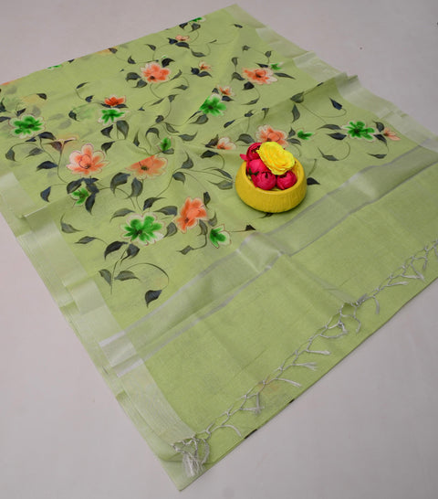 Kota Linen Hand Painted Saree - Pista Green Color
