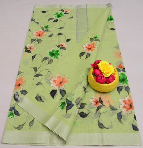 Kota Linen Hand Painted Saree - Pista Green Color