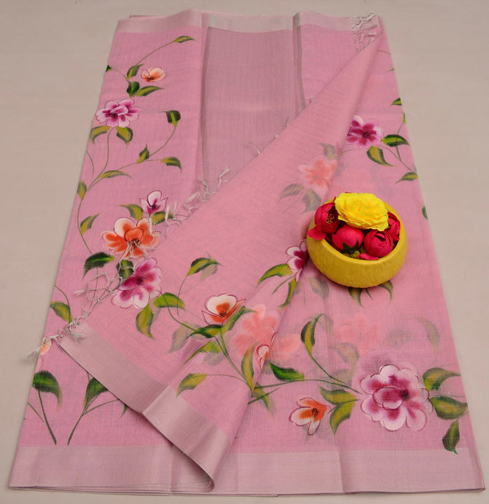 Kota Linen Hand Painted Saree - Pink Color