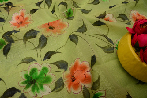 Kota Linen Hand Painted Saree - Pista Green Color