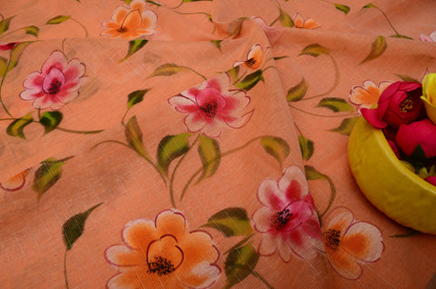 Kota Linen Hand Painted Saree - Peach Color