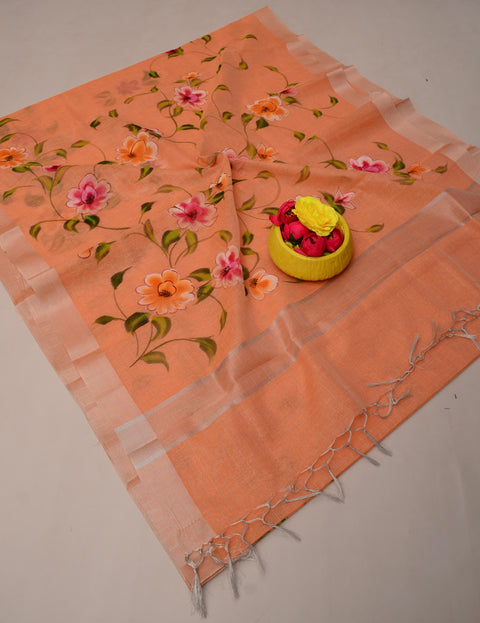 Kota Linen Hand Painted Saree - Peach Color