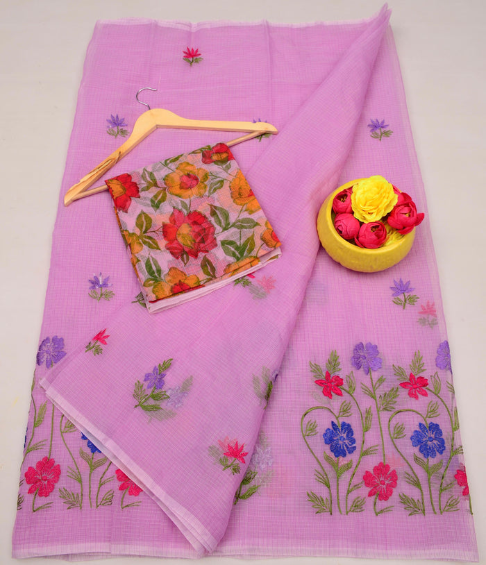 Kota Doria Floral Embroidered Cotton Saree for Festive Wear -  Lavender Pink Color