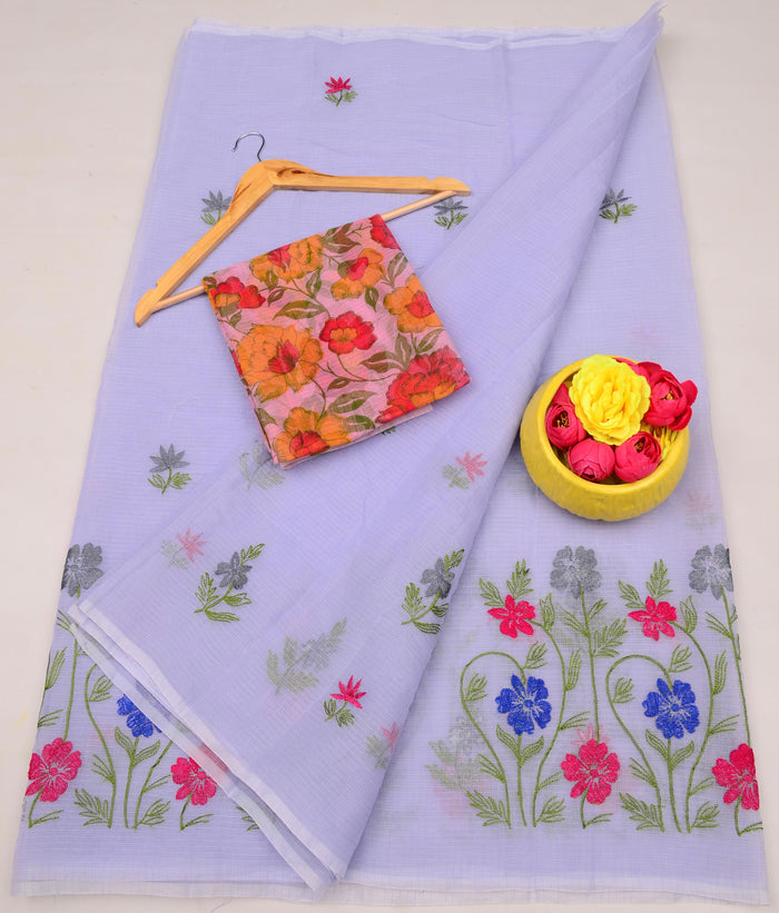 Kota Doria Floral Embroidered Cotton Saree for Festive Wear - Purply Blue Colour