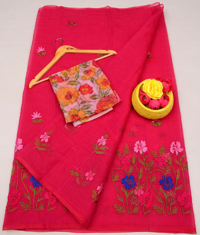Kota Doria Floral Embroidered Cotton Saree for Festive Wear -  Red Color