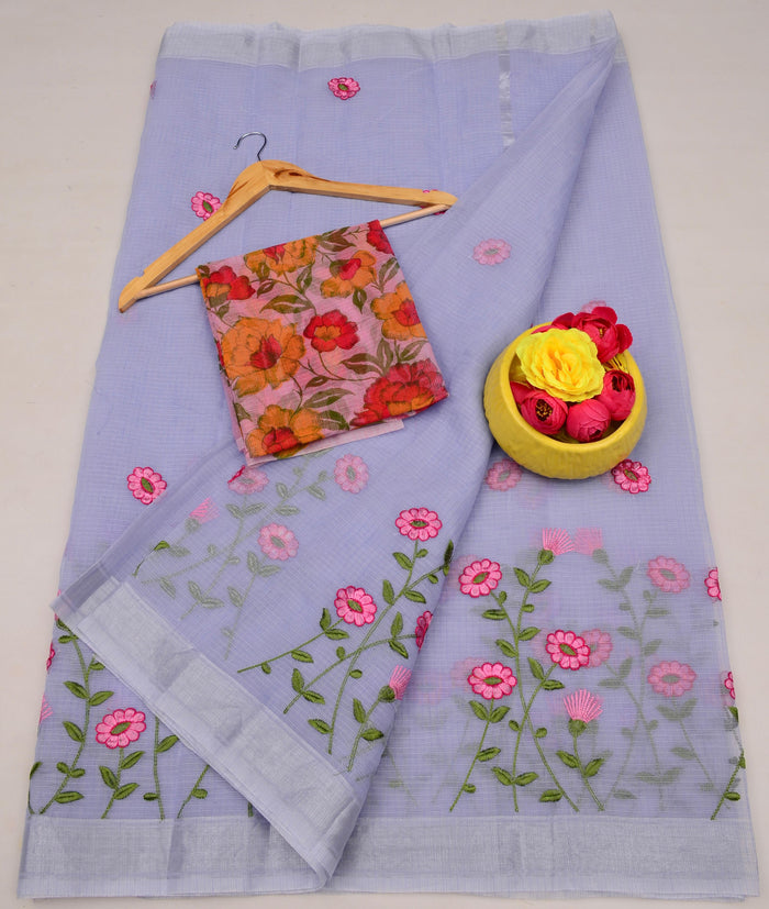 Kota Doria Floral Embroidered Cotton Saree for Festive Wear -  Purply Blue Color