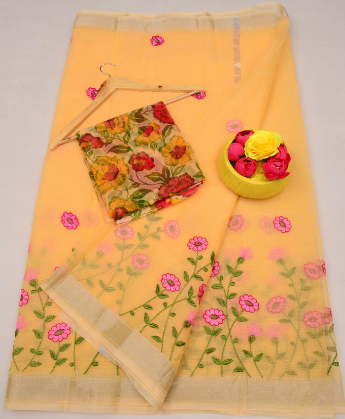 Kota Doria Floral Embroidered Cotton Saree for Festive Wear-  Yellow Color