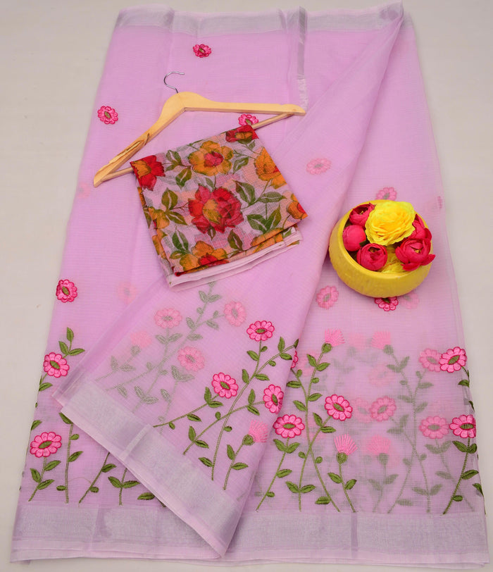 Kota Doria Stylish Lightweight Cotton Embroidered Saree -  Pastel Magenta Color