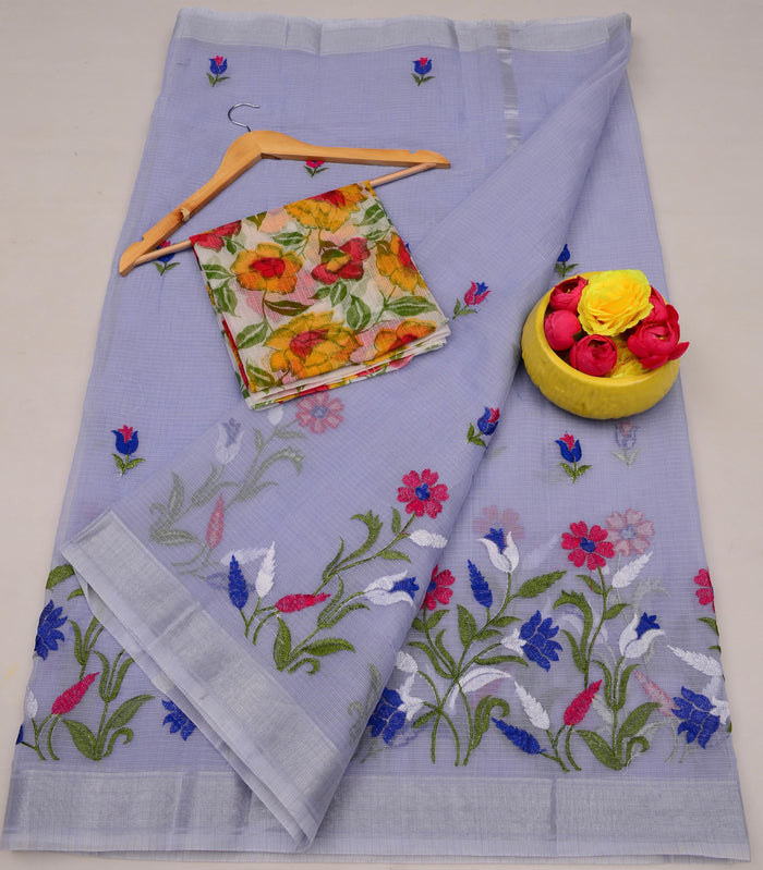 Kota Doria Stylish Lightweight Cotton Embroidered Saree -  Bluish Grey Colour