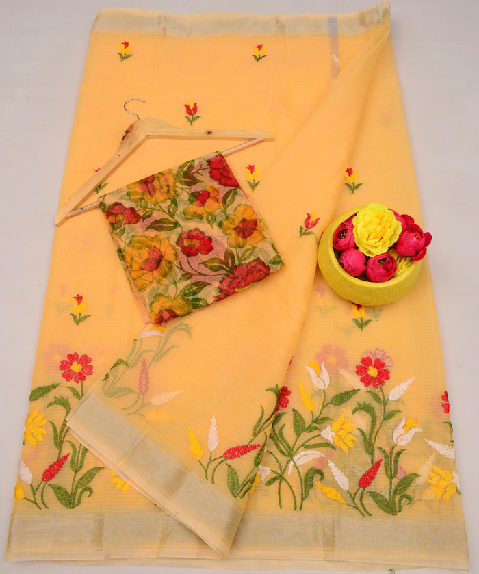 Kota Doria Stylish Lightweight Cotton Embroidered Saree -  Yellow Color