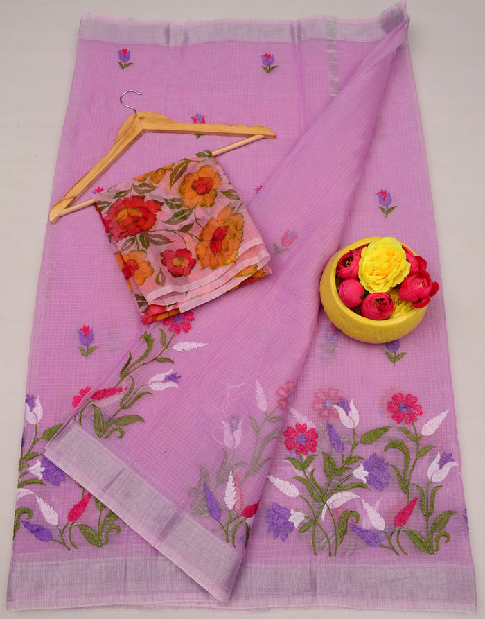 Kota Doria Stylish Lightweight Cotton Embroidered Saree -  Dusty Lavender Color