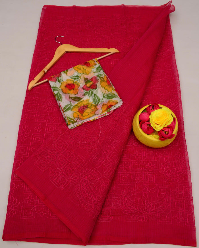 Kota Doria Stylish Lightweight Cotton Embroidered Saree -  Red Colour