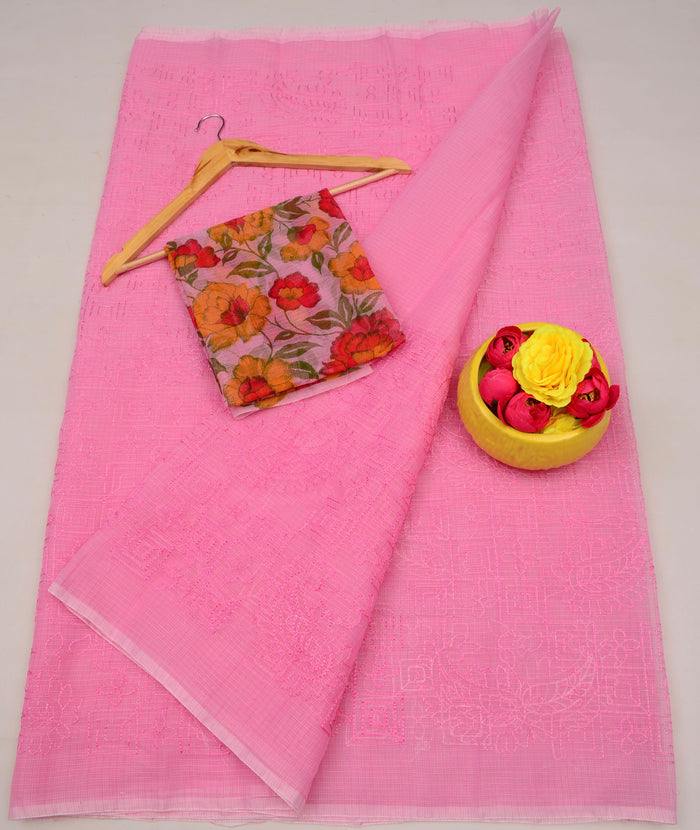 Kota Doria Stylish Lightweight Cotton Embroidered Saree - Pink Color