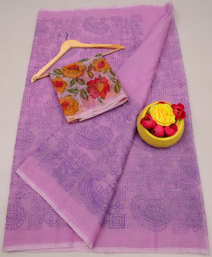 Kota Doria Stylish Lightweight Cotton Embroidered Saree -  Lavender Color