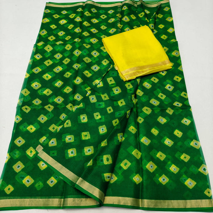 Pure Silk Kota Doria Hand Bandhej Saree - Green Color