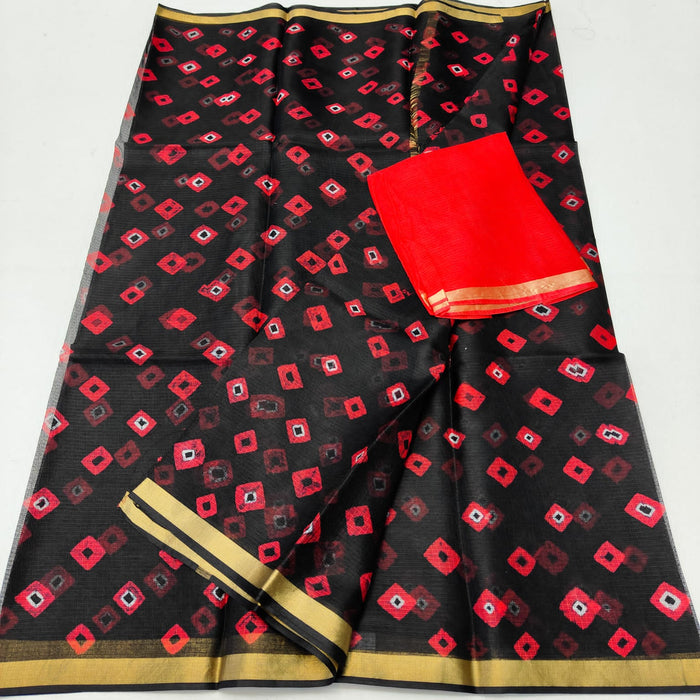 Pure Silk Kota Doria Hand Bandhej Saree - Black Color