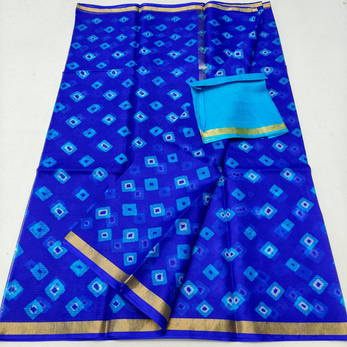 Pure Silk Kota Doria Hand Bandhej Saree - Blue Color