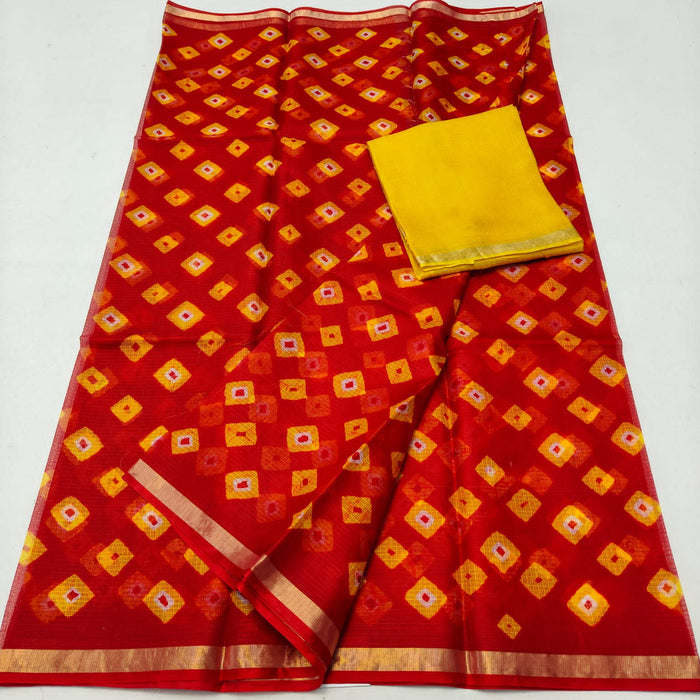 Pure Silk Kota Doria Hand Bandhej Saree - Red Color