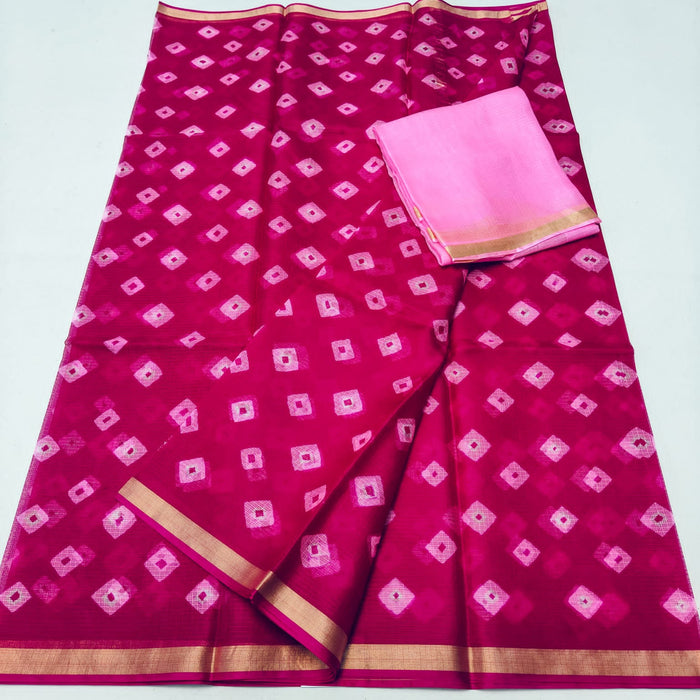 Pure Silk Kota Doria Hand Bandhej Saree - Pink Color