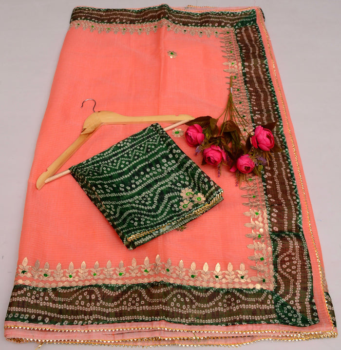 Kota Doria Gotta Patti Work Saree with Bandhej Border for Festive Wear - Peach Color