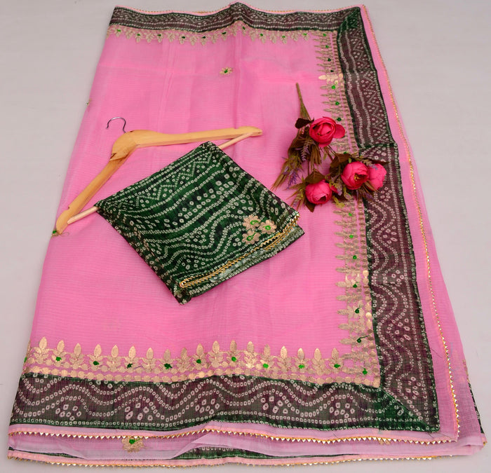 Kota Doria Gotta Patti Work Saree with Bandhej Border for Festive Wear - Pink Color