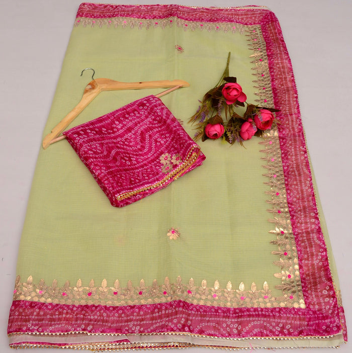 Kota Doria Gotta Patti Work Saree with Bandhej Border for Festive Wear - Pista Green Color