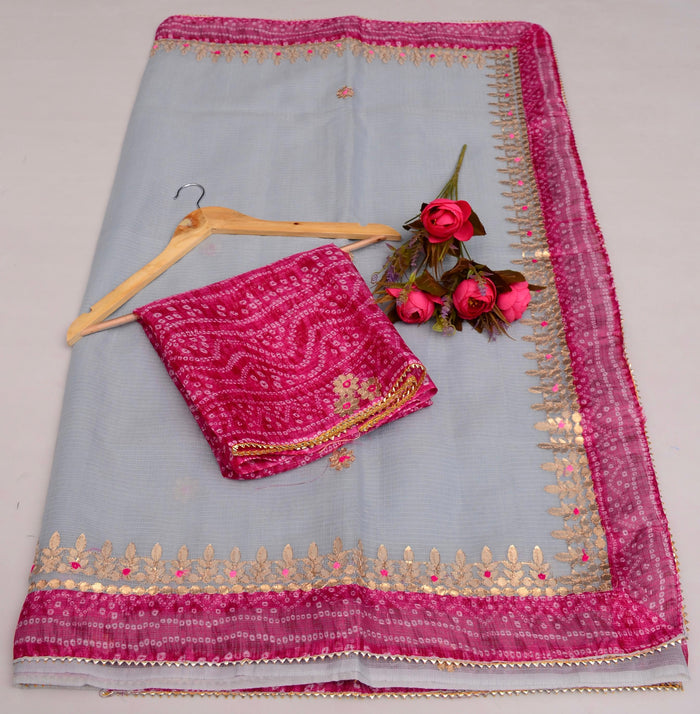 Kota Doria Gotta Patti Work Saree with Bandhej Border for Festive Wear - Grey Color