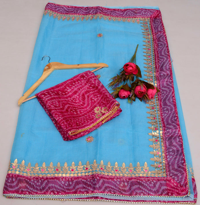 Kota Doria Gotta Patti Work Saree with Bandhej Border for Festive Wear - Blue Color