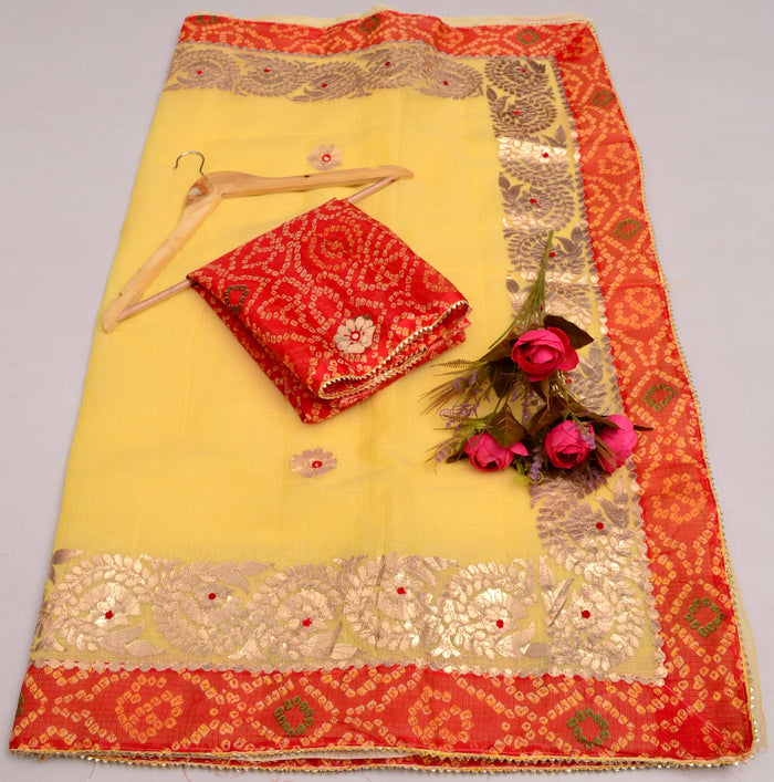 Kota Doria Gotta Patti Work Saree With Bandhej Border - Yellow Color